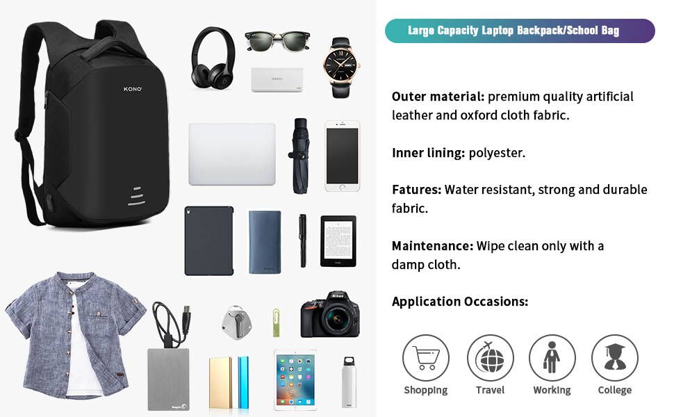 Kono Anti-Theft Laptop Backpack - 15.6" USB Charging Port, Water Resistant Business/School Bag for Men & Women