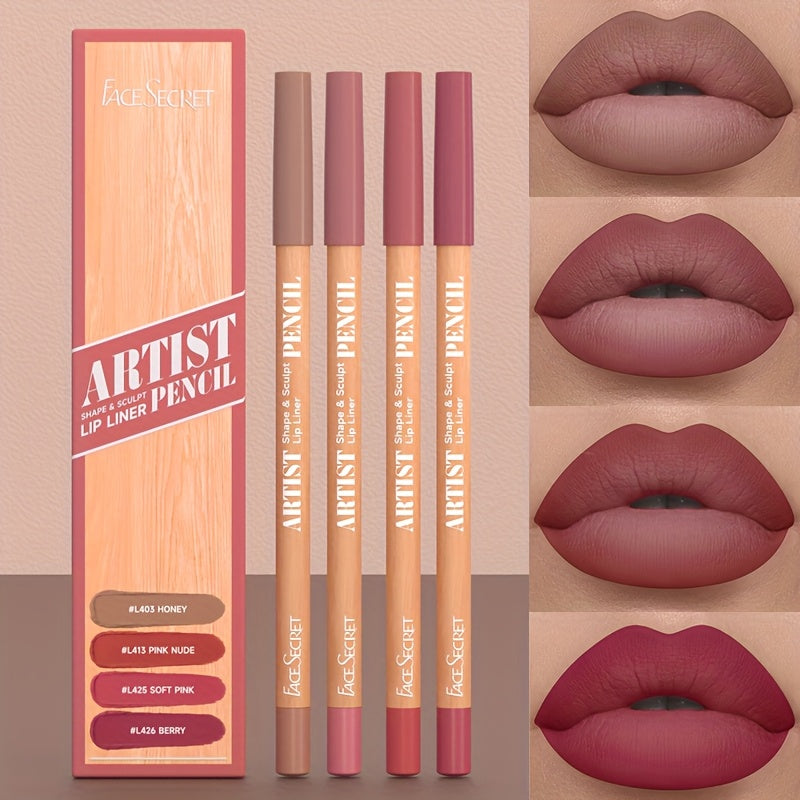 4-Pack Long-Lasting Waterproof & Smudge-Proof Lip Liner Pencils - Creamy Pigmented Matte Lip Defining Pencils with Wax-Based Formula, /Berry/// Shades Suitable for all Light Beige Types (Professional & Everyday Makeup)