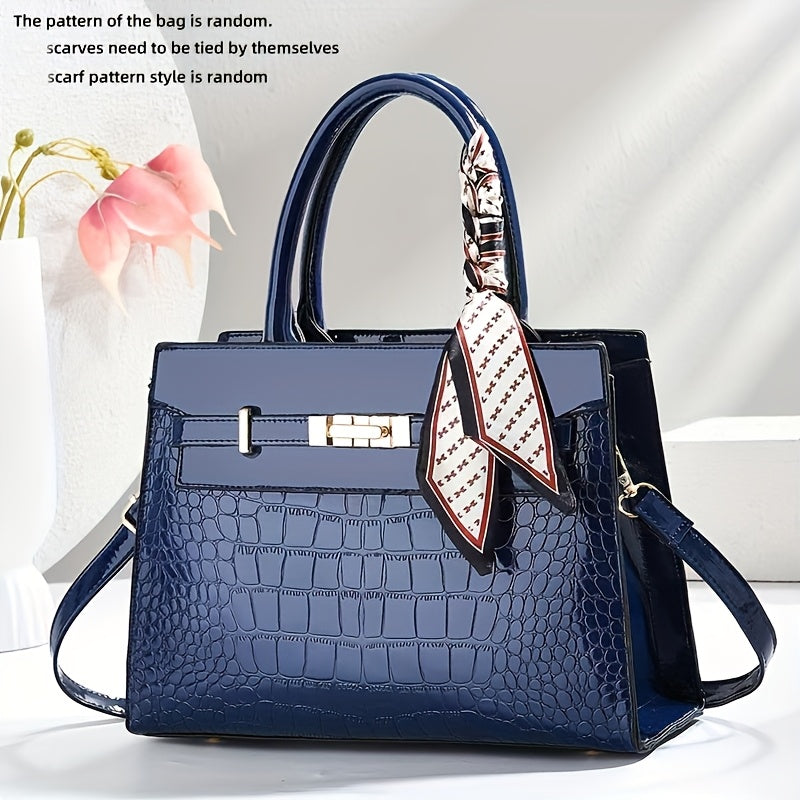 CHROSGEKEIDI Women's Luxury Crocodile-Texture Handbag - Adjustable Crossbody/Shoulder Strap, Golden-Tone Hardware, Zipper Closure, Structured Tote - Elegant Black Purse for Work, Travel, Everyday Use - Durable & Versatile Des