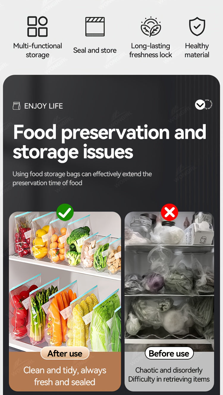 60pcs Reusable Food Storage Bags - 3 Sizes Available, Zipper Sealed & Leak-Proof, Suitable for Fruits, Vegetables, Meat & Grains, Essential for Kitchen Organization