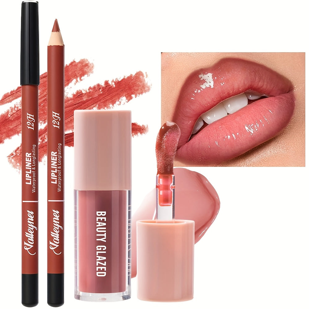 2-Pack Waterproof Lip Liner & Gloss Set/Long-Lasting Matte Lip Makeup Combo/Moisturizing Lip Liner & Lip Glaze (Brown, Pink, Red)/for Beige Types, Nude & Berry Tones/Smudge-Proof Lipstick Duo/Lip Products/Lipstick For Women/L