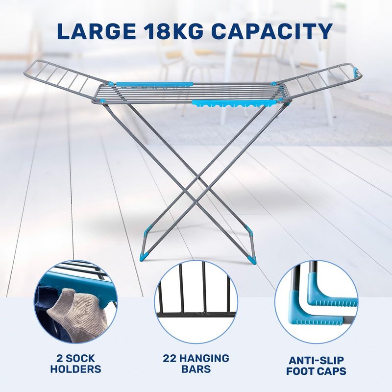 CUQOO Foldable Airer - Compact Clothes Drying Rack, Winged Heavy Duty Indoor Airer, Outdoor Clothing Drying Rack w/ 22 Bars, Large Premium Stainless Steel Laundry Clothes Horse