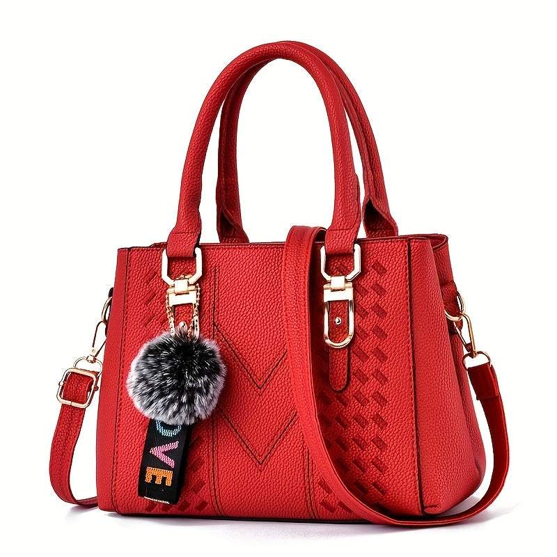 Women's Trendy Handbag with Ball Pendant, Simple Quilted Shoulder Handbag, Ladies' Easter