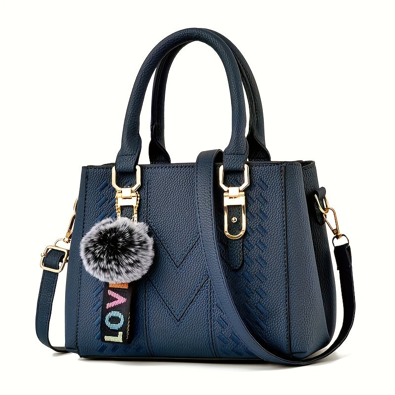 Women's Trendy Handbag with Ball Pendant, Simple Quilted Shoulder Handbag, Ladies' Easter