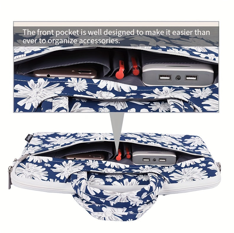 Shockproof Laptop Briefcase with Detachable Strap & Adjustable Shoulder Strap - Floral Print, Zipper Closure, Lining, Casual Style for Daily Commute & Travel
