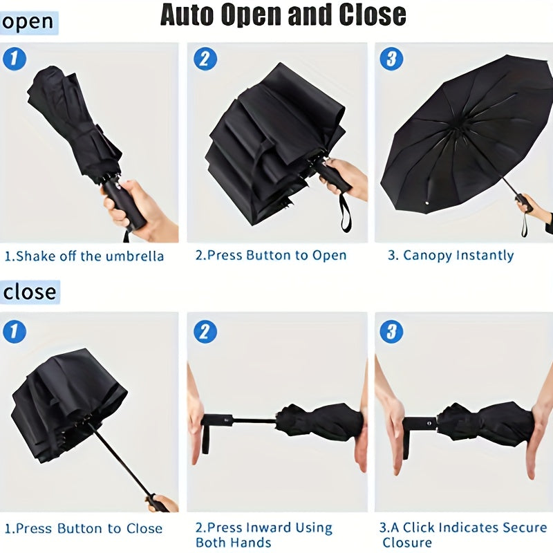 Windproof Automatic Oversized Umbrella – 10-Rib Folding Business Umbrella with Sun Protection, Auto Open/Close, Professional Unisex Design for Daily Use