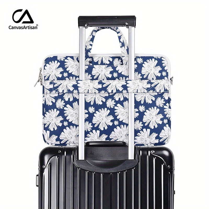 Shockproof Laptop Briefcase with Detachable Strap & Adjustable Shoulder Strap - Floral Print, Zipper Closure, Lining, Casual Style for Daily Commute & Travel