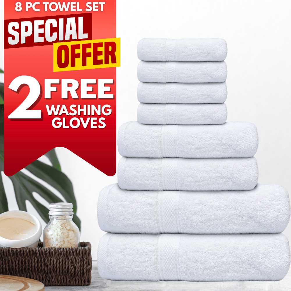 8Pack Towel Set+2 Washing Gloves Free Gift 500 GSM - 2 Bath Towels, 2 Hand Towels 4 Washcloths and 2 Washing Gloves 100% Cotton Hotel Quality Family Pack Towel Bale Set Highly Absorbent
