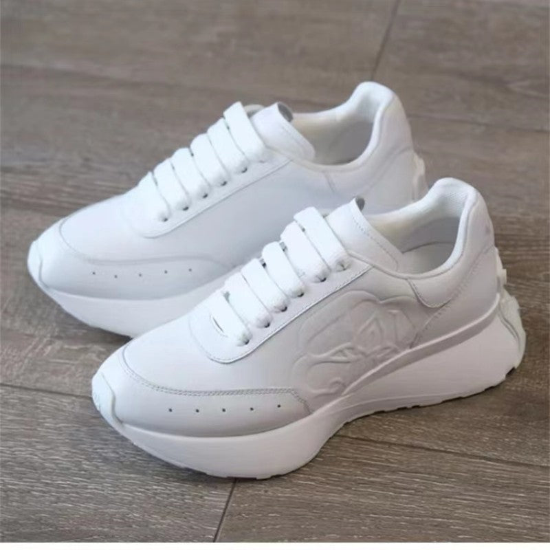 Leather Sports Casual Shoes: White, Four Seasons, Elevated Bottom Women's Shoes