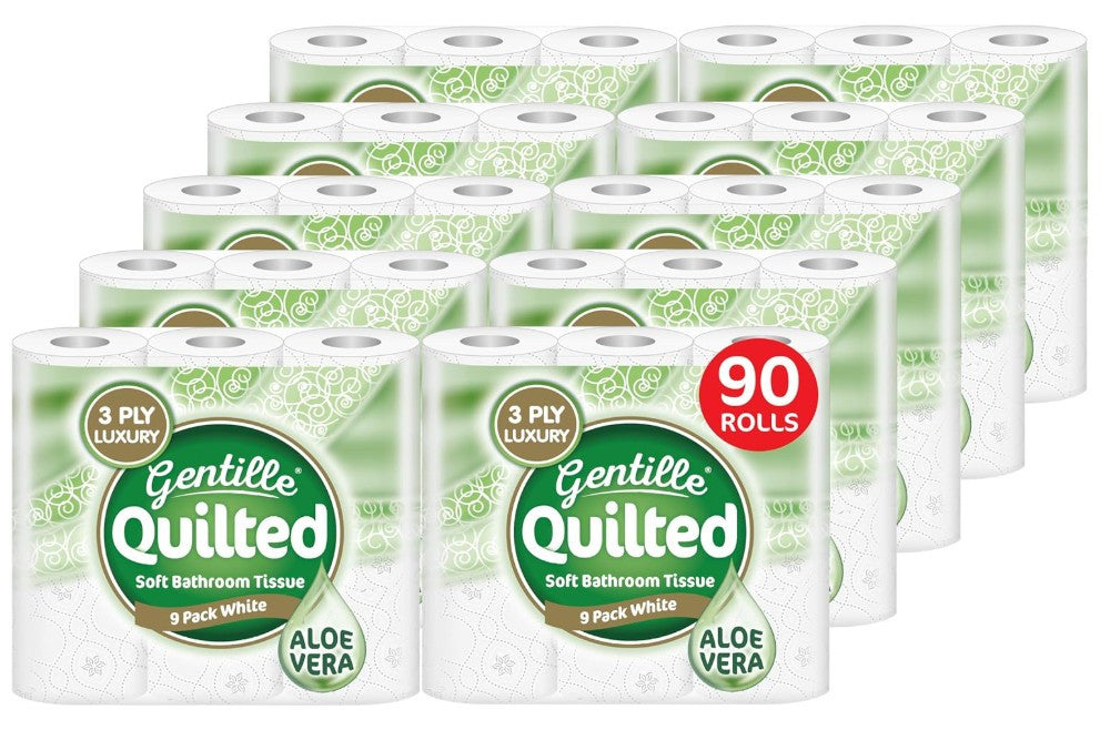 Gentille Quilted Aloe Vera Bathroom Tissue Luxury 3-Ply Toilet Paper Soft & Strong 90 Rolls Made in The UK