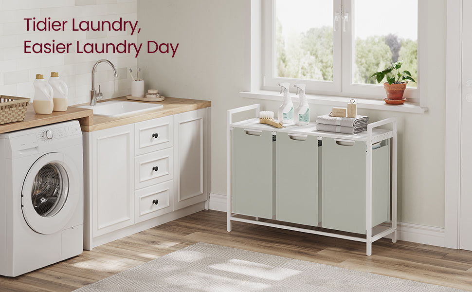 Laundry Basket, 3-Compartment Laundry Hamper, Freestanding Clothes Hamper, Laundry Bag Stands Up Well, Removable Laundry Bags, Laundry Sorter, Shelf, Metal Frame, 3 x 38 L, Black/White/Grey