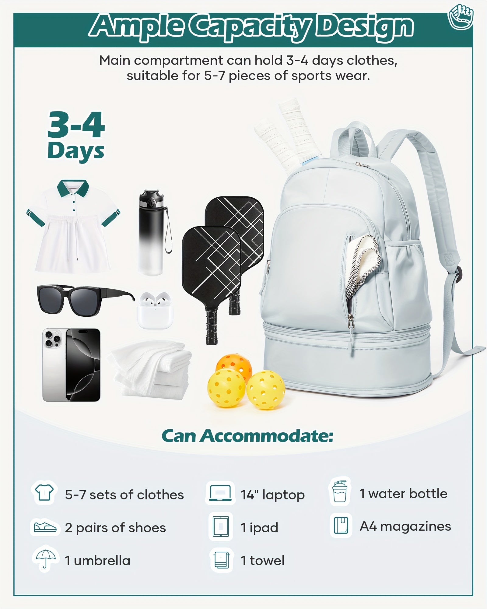 Lightweight Travel Backpack with Independent Shoe Compartment - Large Capacity, Nylon, White, Perfect for Hiking, Camping, and Business Trips, Carry-On Friendly with Laptop Sleeve, Backpack for Travel