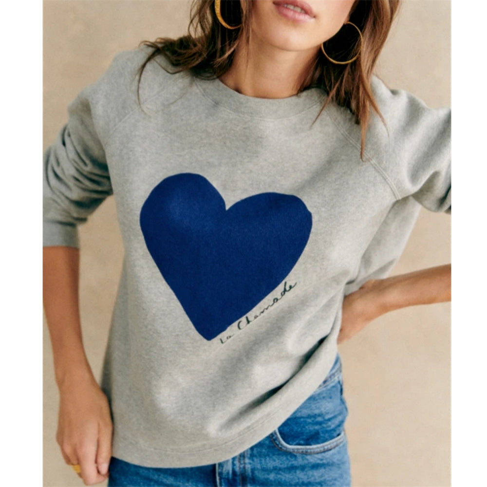 Casual Heart Printing Round Neck Loose Set Head Sweatshirt