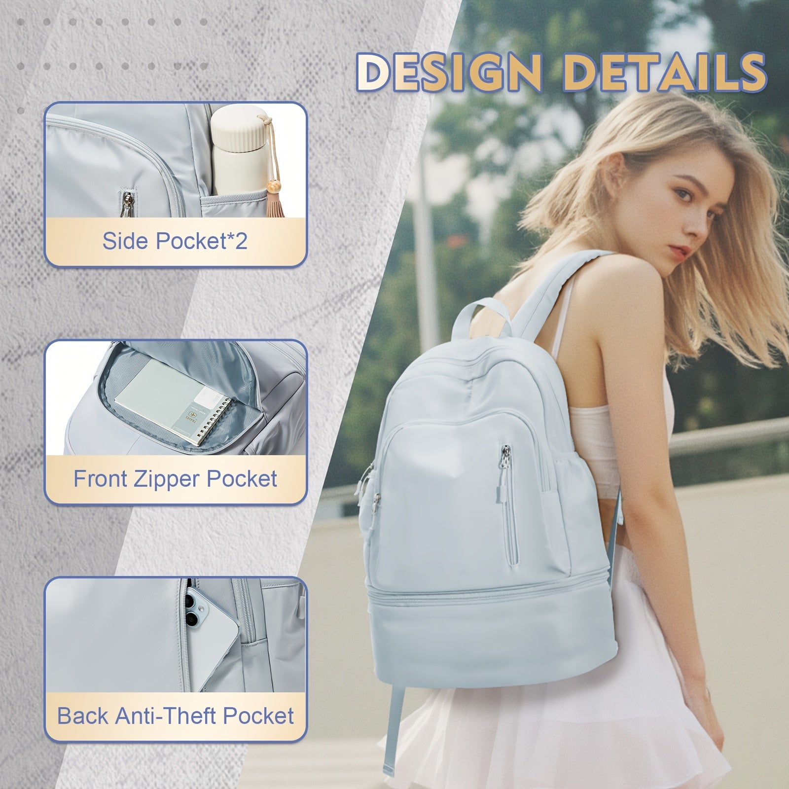 Lightweight Travel Backpack with Independent Shoe Compartment - Large Capacity, Nylon, White, Perfect for Hiking, Camping, and Business Trips, Carry-On Friendly with Laptop Sleeve, Backpack for Travel
