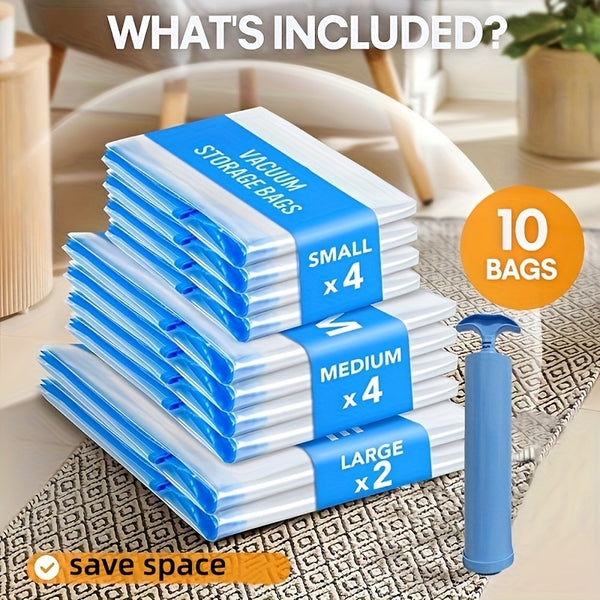8/11pcs Vacuum Compression Bags Set with Portable Hand Pump - Large, Medium, Small Sizes for Bedding & Clothes Storage, Space-Saving Travel Organizer, Durable Plastic Rectangular Design, Vacuum Clothes Storage Bags