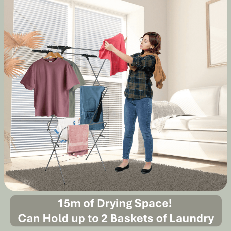 Foldable 3 Tier Airer with Wings Collapsible Arms for Hangers, 15m Clothes Drying Airer Laundry Rack Portable Indoor & Outdoor Free Standing Airer, Non Slip Feet with Hanging Option Space Saving Wash Line 5.5cm Folded, Grey