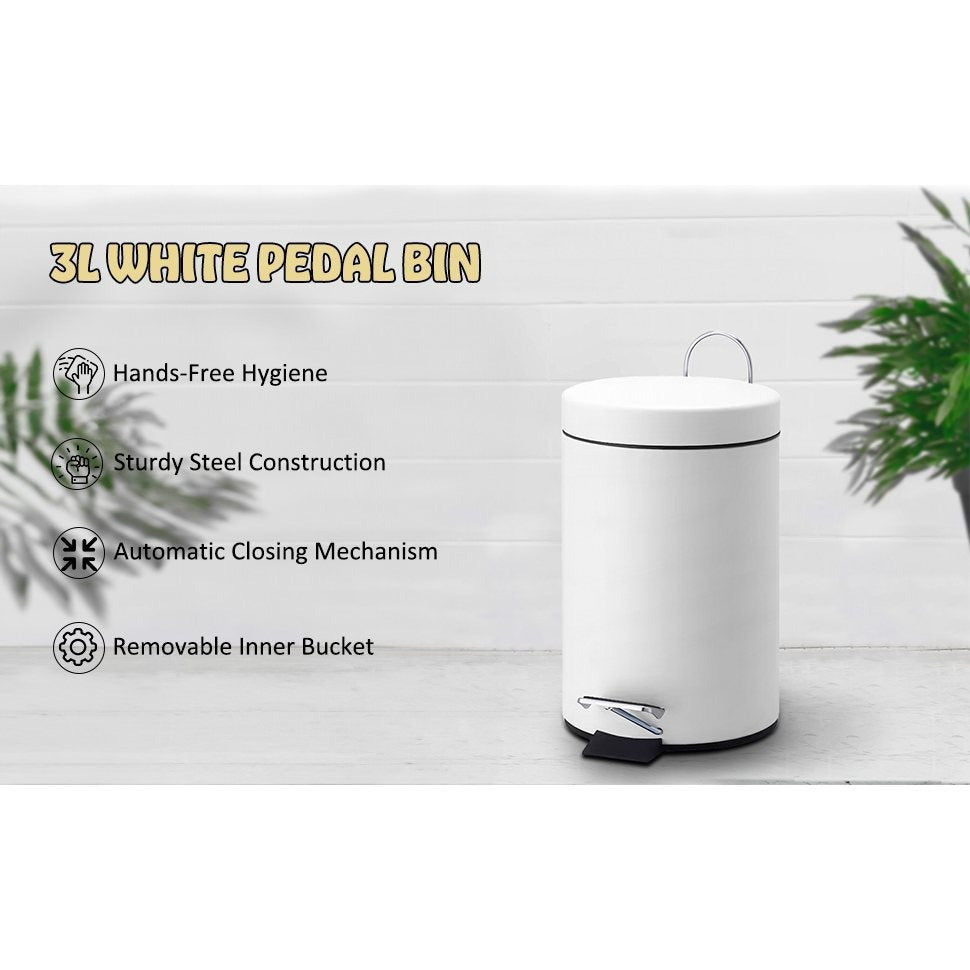 3 Litre Pedal Bin, Bathroom Bin for Rubbish and Waste-Stainless Steel Small Toilet Bin, Inner Removable Plastic Bucket-Ideal Size for Bedroom Toilet Waste