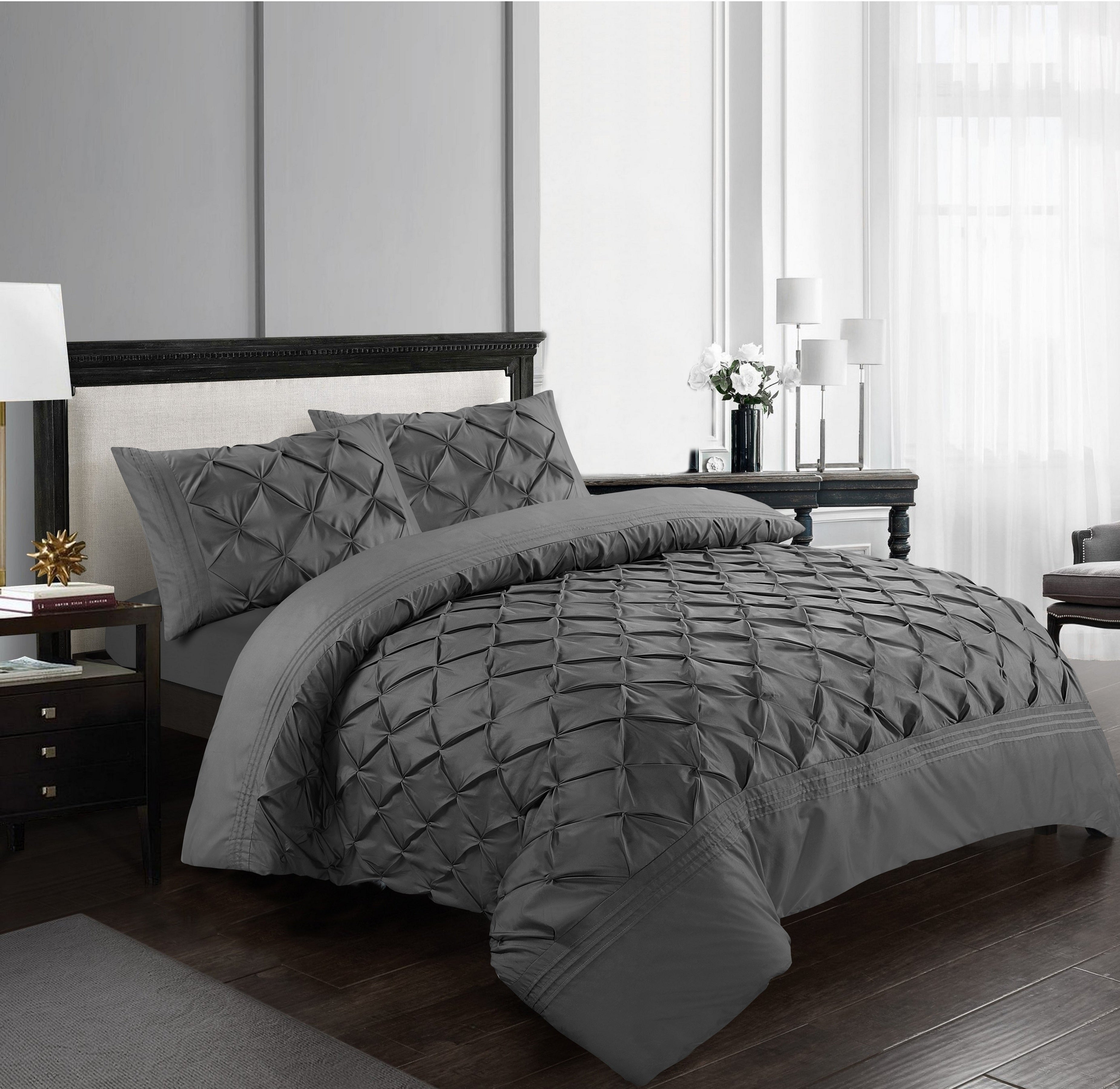 Luxury Pintuck Duvet Cover Set Double King Super King Soft Microfiber Pinch Pleat Bedding Set with Pillowcases White Silver Charcoal Pink