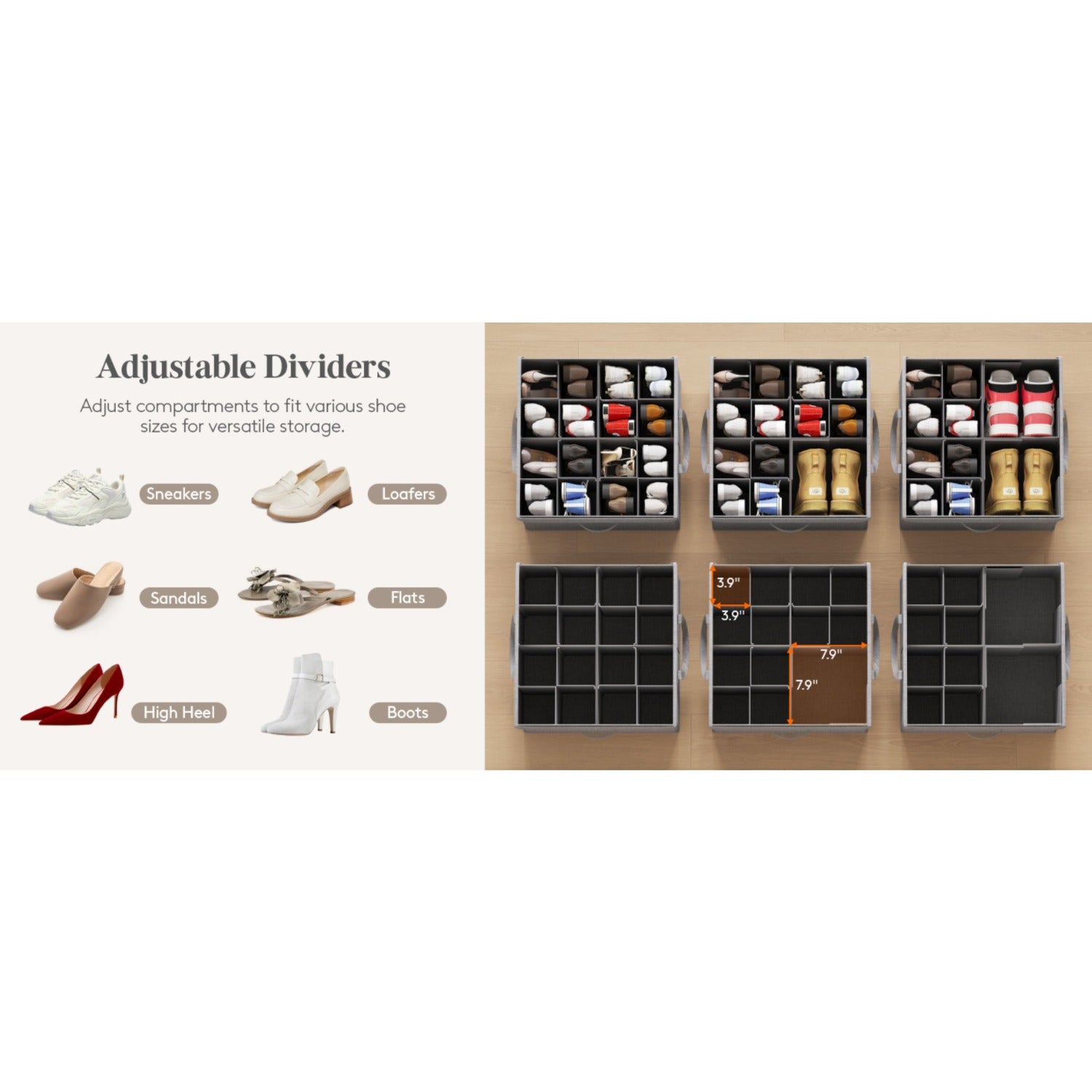 1/2 Pack Shoe Organizer for Closet Foldable Storage Bins with Adjustable Dividers, Clear Cover, and Bottom Support, Fits 16 Pairs of Boots, Heels, and Sneakers