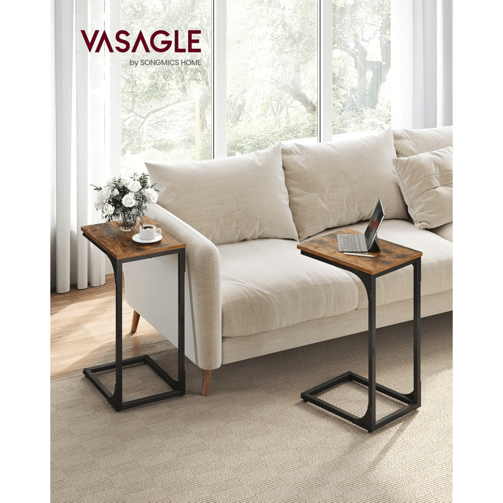 Set of 2 C-Shaped Side Tables – Industrial Metal Frame Bedside, Sofa, and Coffee Tables for Living Room or Bedroom