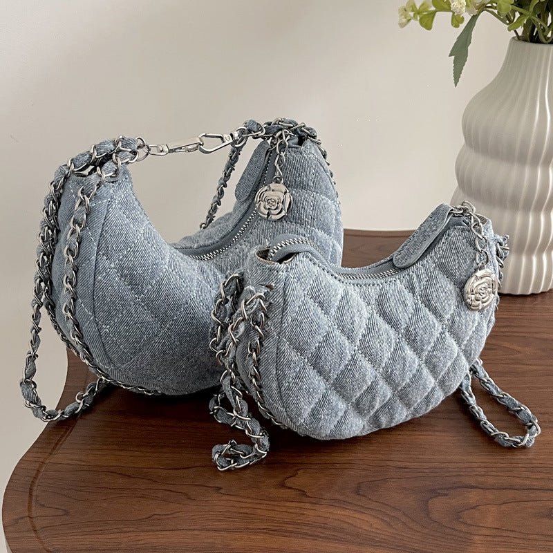 Denim Bag Female Diamond Embroidery Thread Chain Messenger Bag