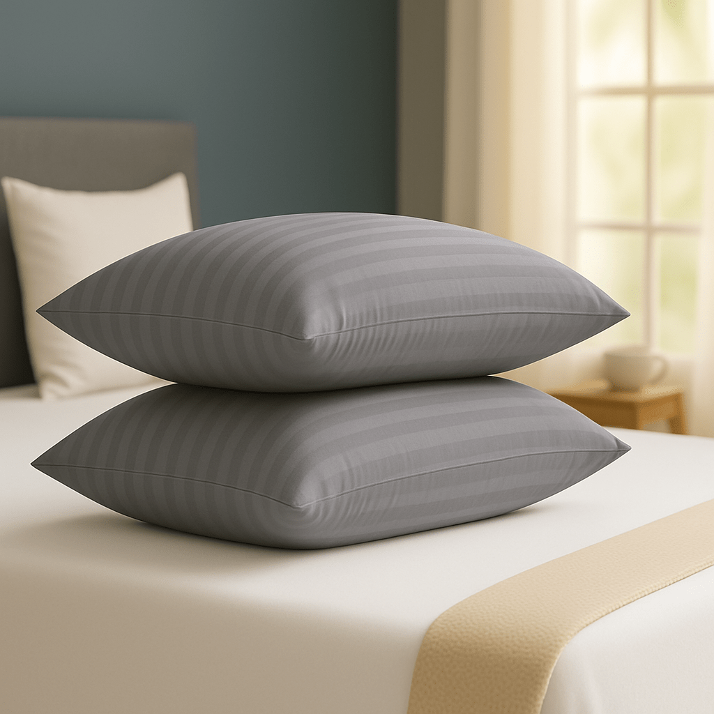 2-Pack Luxury Striped Filled Pillows – Extra Deep Bounce Back Bed Pillows for Back, Side & Stomach Sleepers – Soft, Breathable & Supportive – White or Grey – UK Standard Size