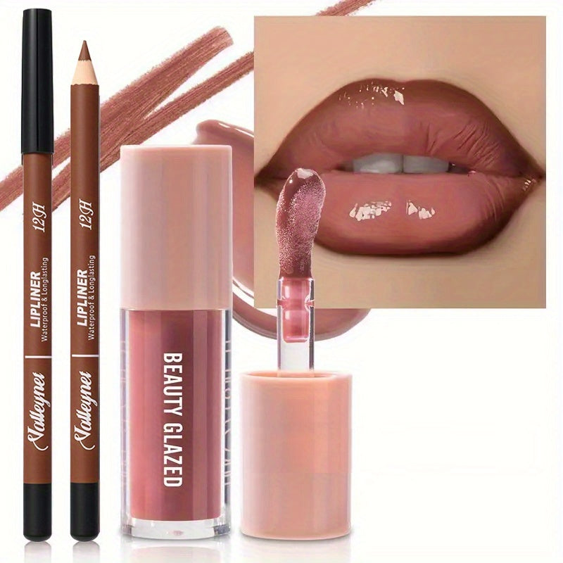 2-Pack Waterproof Lip Liner & Gloss Set/Long-Lasting Matte Lip Makeup Combo/Moisturizing Lip Liner & Lip Glaze (Brown, Pink, Red)/for Beige Types, Nude & Berry Tones/Smudge-Proof Lipstick Duo/Lip Products/Lipstick For Women/L