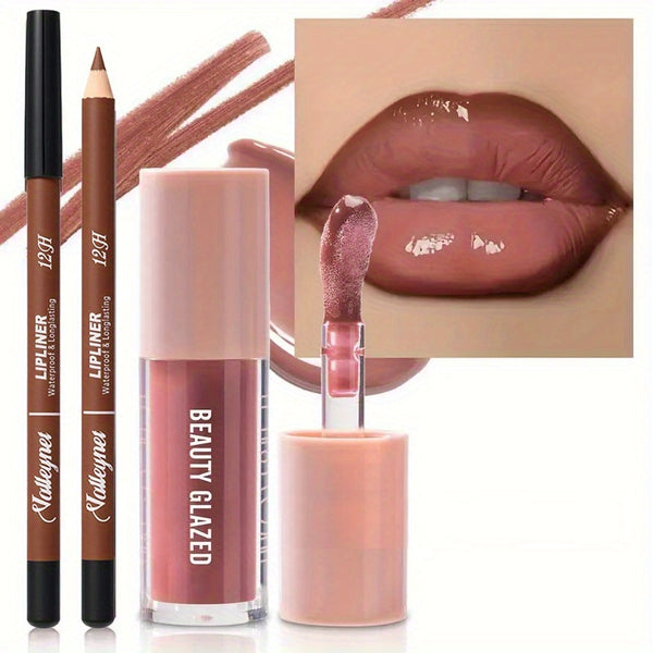 2-Pack Waterproof Lip Liner & Gloss Set/Long-Lasting Matte Lip Makeup Combo/Moisturizing Lip Liner & Lip Glaze (Brown, Pink, Red)/for Beige Types, Nude & Berry Tones/Smudge-Proof Lipstick Duo/Lip Products/Lipstick For Women/L