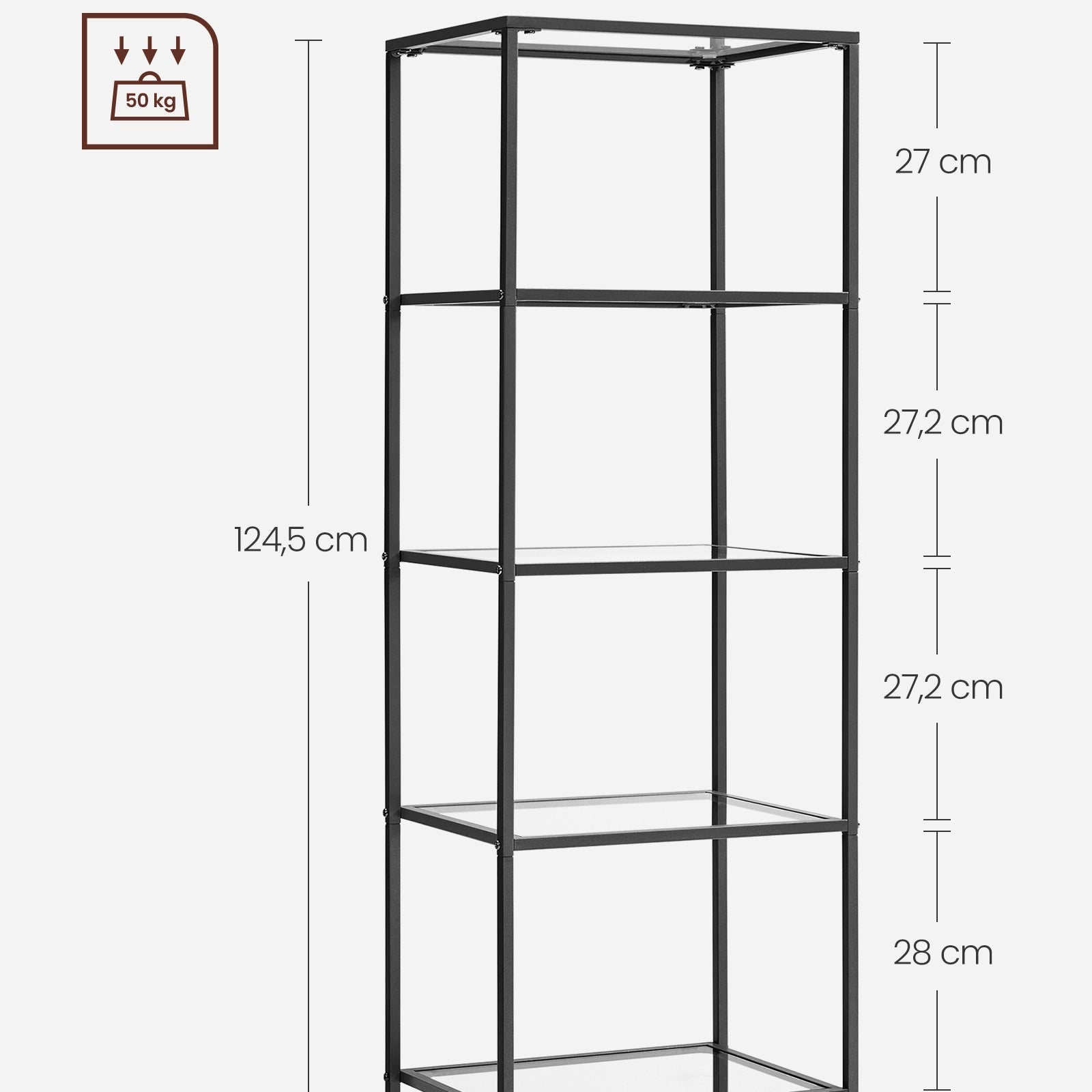 5-Tier Glass Shelf, Bookshelf, Storage Rack, Tempered Glass, Easy Assembly, Bathroom, Living Room, Black