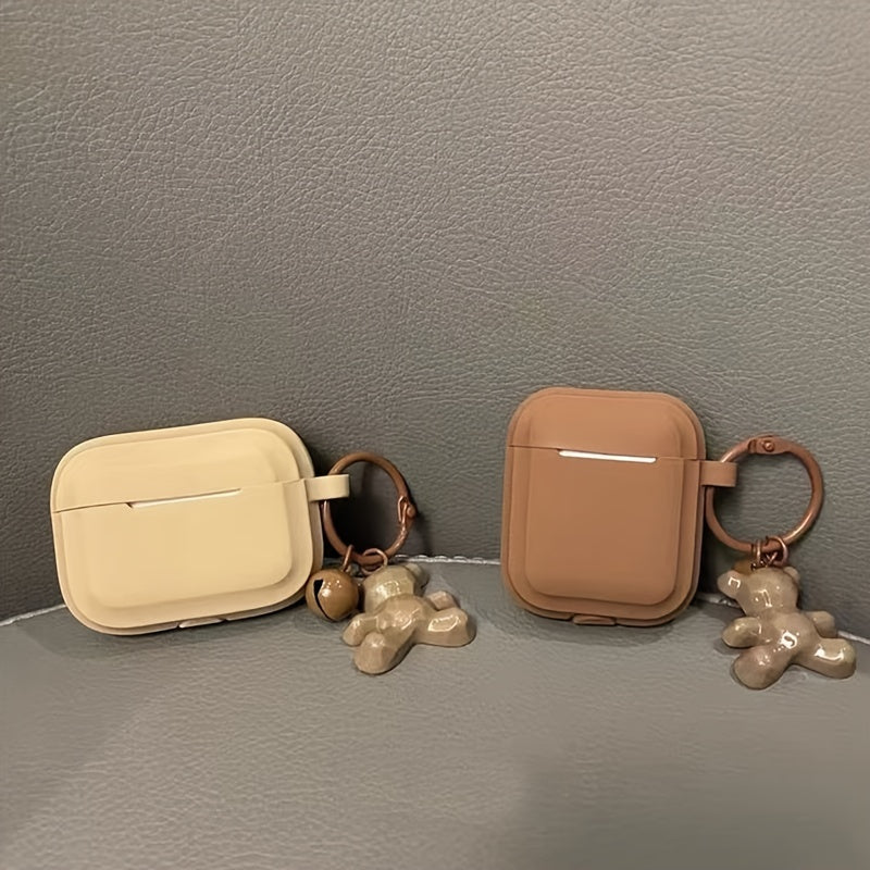 Caramel Khaki Earphone Case with Bear Pendant – Stylish Cover for AirPods 1/2/3 & Pro