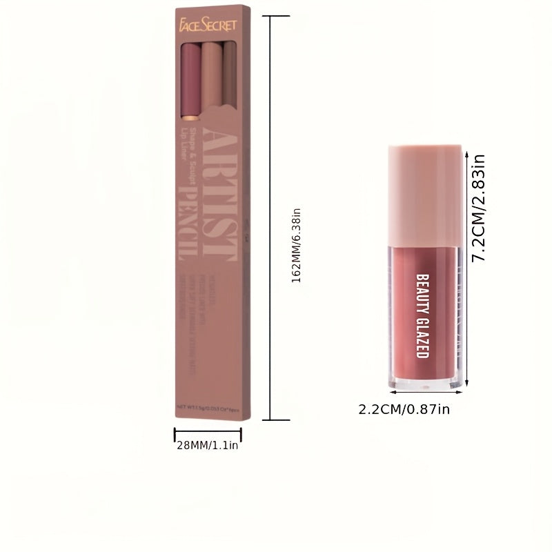 4pack/Set Long Wear High Shine Lip Gloss Combo - Moisturizing Fresh Lightweight Plumping Lip Gloss for Women with Brown Lip Liner Set Non-Sticky Liquid Lipstick