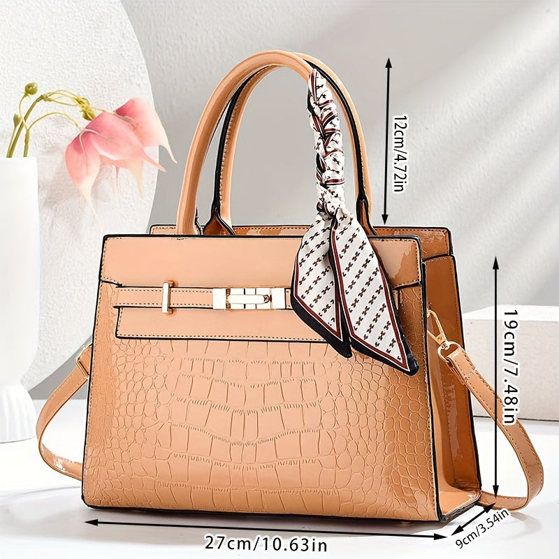 CHROSGEKEIDI Women's Luxury Crocodile-Texture Handbag - Adjustable Crossbody/Shoulder Strap, Golden-Tone Hardware, Zipper Closure, Structured Tote - Elegant Black Purse for Work, Travel, Everyday Use - Durable & Versatile Des