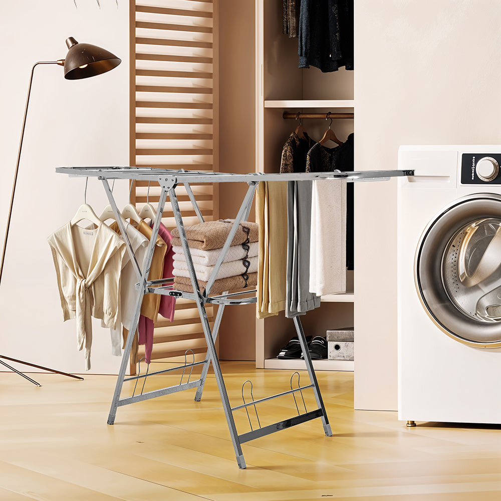 Staiinless Steel Folding Drying Rack, 2-Level Clothes Airer with Height Adjustable Wing, Freestanding Drying Rack for Clothes Socks Towels Shoes Quilts, Multifunctional Air Dryer, Foldable Wing Clothes Drying Rack, No Assembl