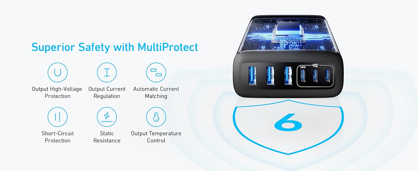 Anker USB C Charger, 6 Port Charging Station with 112W Power, for iPhone 17/16/15/14/13/12 Series, MacBook, Galaxy, iPad, and More (Cable Included)