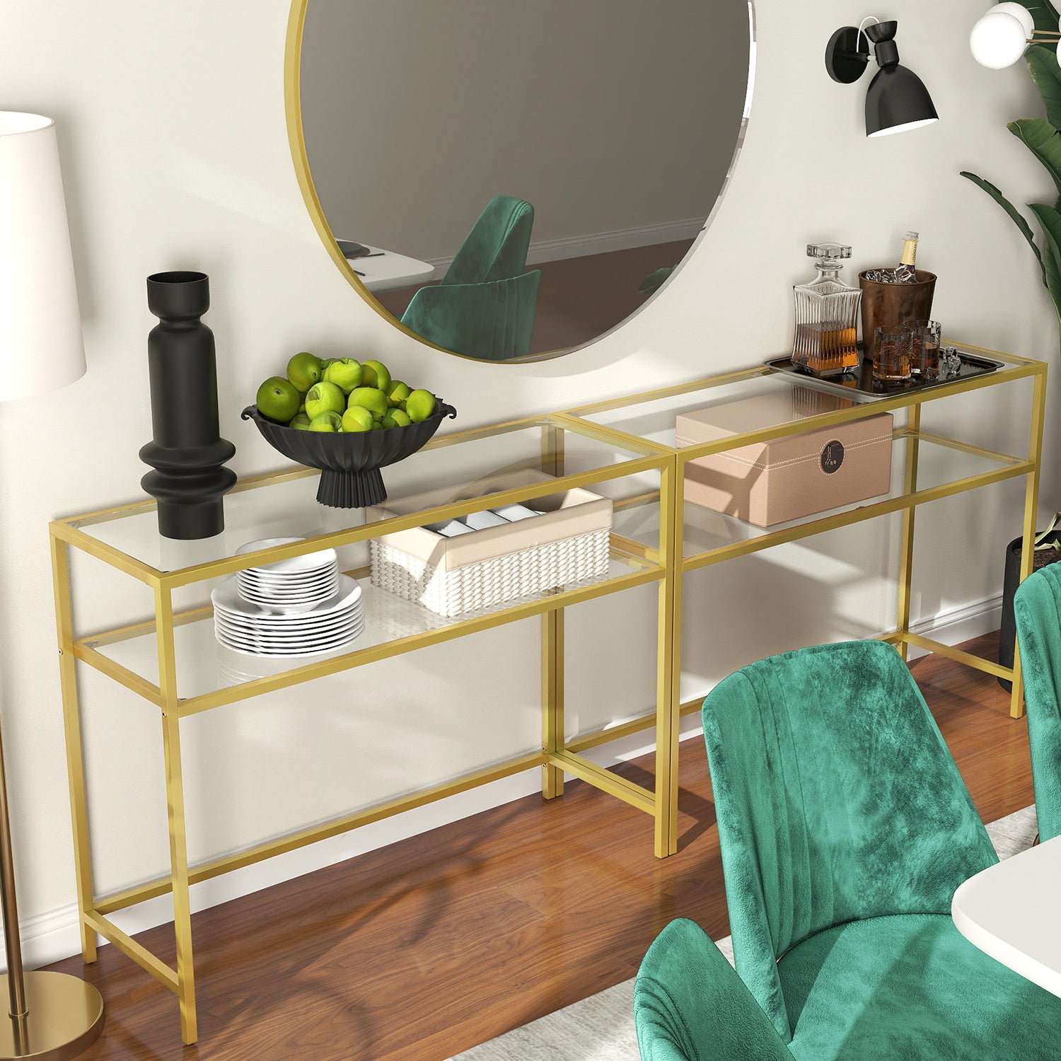 Console Table, Side Table, Tempered Glass Tabletop, Modern Sofa Table, 2 Shelves, for Living Room, Hallway, Space Saving, Vintage Style, Sturdy Construction, Versatile Use, Easy Assembly