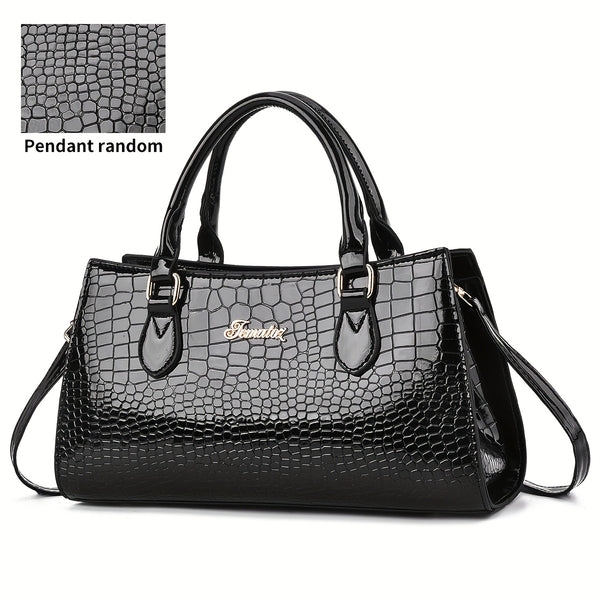 Women's Elegant Tote Handbag, Adjustable Strap & Wrist Strap, Zipper Closure, Golden-Tone Hardware, Glossy BrownPink