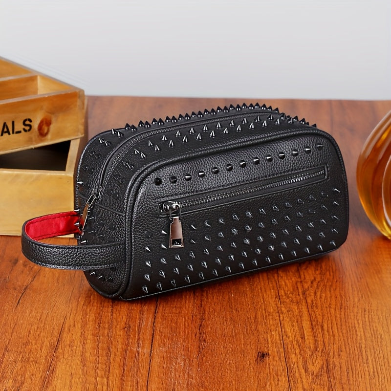 LUMG 's & 's Gothic Punk Handbag - Black Spiked Stud Accent Handheld Purse, Golden-Tone Hardware, Durable Unisex Clutch for Daily Use, Travel, Parties - Edgy Gift for & (Motorcycle Style Inspired)