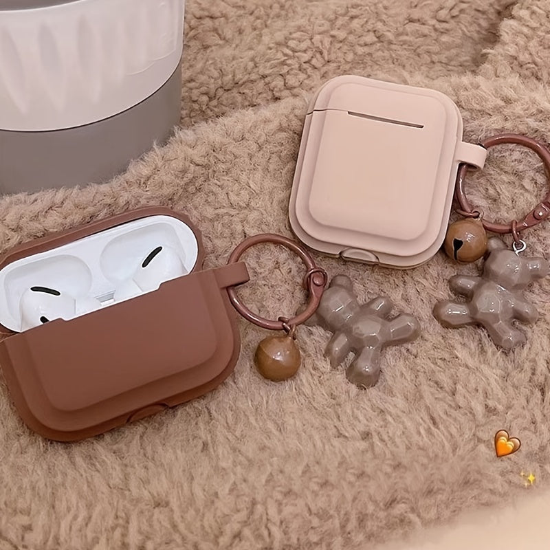 Caramel Khaki Earphone Case with Bear Pendant – Stylish Cover for AirPods 1/2/3 & Pro