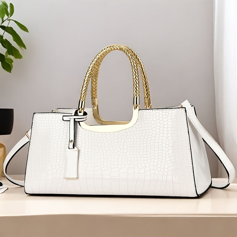 Elegant Evening Clutch, Made of Crocodile-Patterned with Golden Hardware And a Detachable Shoulder Strap - a Stylish Handbag for Parties, Weddings, And Formal Events, Luxurious Women'S Bag with a Glossy Stone-Textured Crocodi