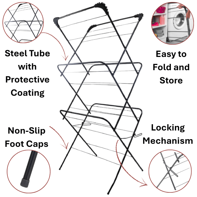 3 Tier Foldable Airer Clothes Drying Laundry Rack with Corner Hanger Slots Portable Indoor & Outdoor Airer, 15m Wash Line Rails Non Slip Feet,5.5cm Folded Space Saving Design, Grey