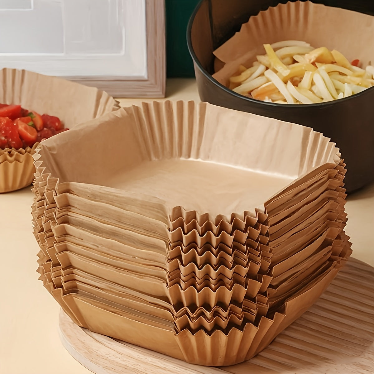 100-Count Non-Stick Air Fryer Liners – Premium Disposable Paper Sheets with Pleated Edges for Safe Cooking, Easy Cleanup, Baking, Roasting, and Oven Use