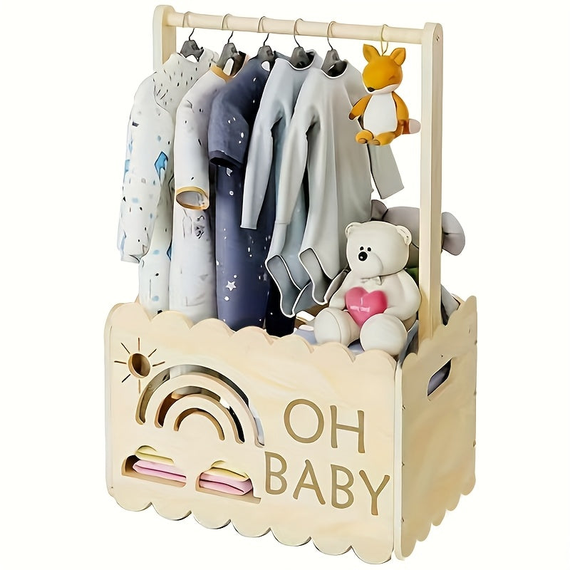 1-Pack Wood Baby Blessing Box - White Keepsake Chest with "Oh Baby" Sign, Sun & Rainbow Cutouts, Leafy Topper & Labeled Hanger Hole for Newborn Showers, Christening Decorations, Gender-Neutral Gift