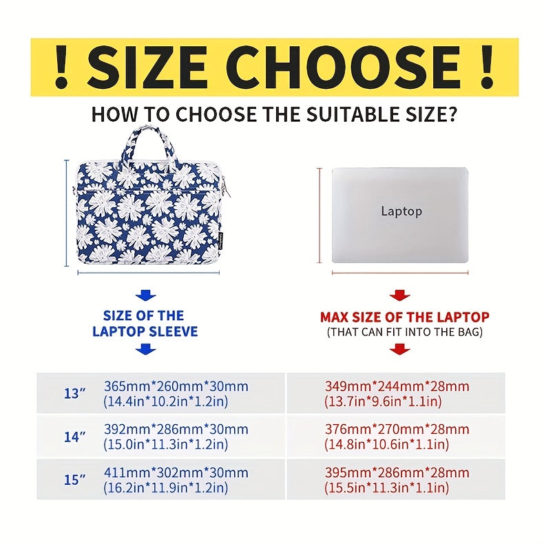 Shockproof Laptop Briefcase with Detachable Strap & Adjustable Shoulder Strap - Floral Print, Zipper Closure, Lining, Casual Style for Daily Commute & Travel