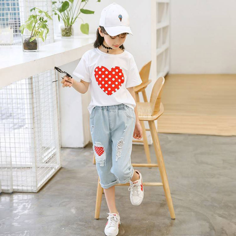 Fashion 2023 Girls Clothes Sets: Summer Short Sleeve T-Shirt + Jeans 2Pcs Children Clothing. Kids Outfits for Teenagers 6, 8, 10, 12 Years