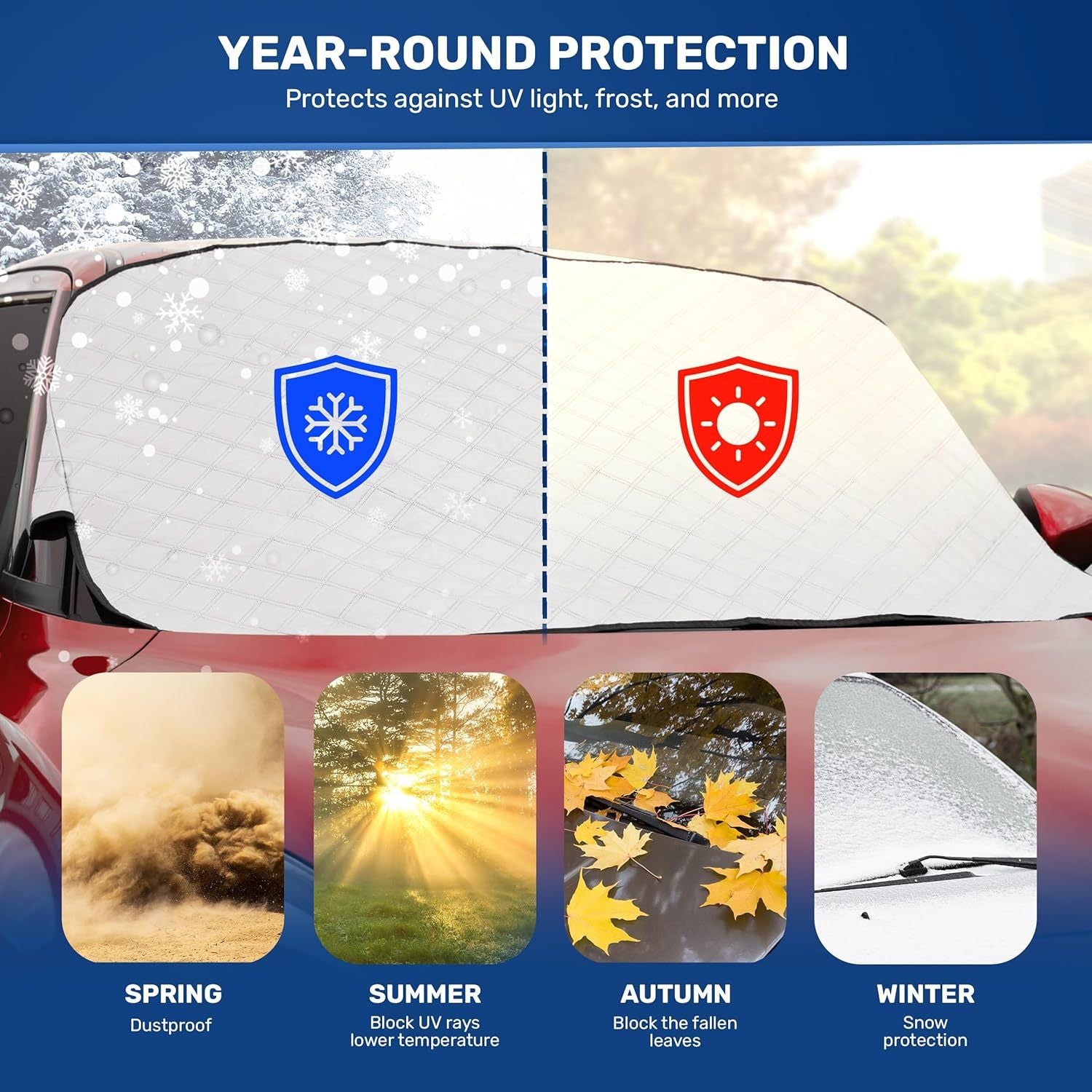 CUQOO Car Windshield Cover - Heavy Duty Car Windscreen Cover For Winter, Frost & Snow Protector, Ultra-Thick, Waterproof & Windproof Windscreen Cover, All-Season Ice Shield for Cars, SUVs & Trucks – Available in Large & X-L