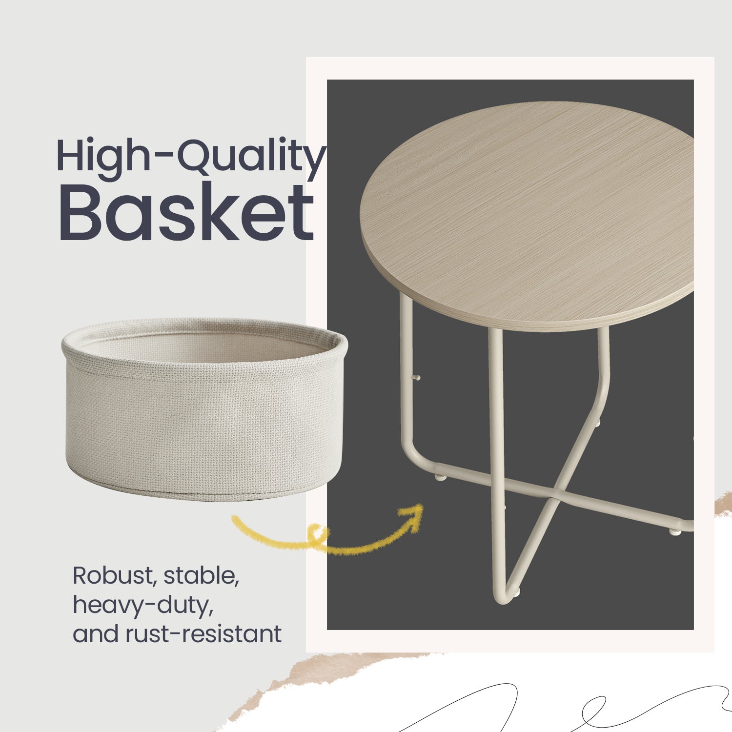 Side Table, Round End Table with Fabric Basket, for Living Room Bedroom, Bedside Table, Modern Style,Cream White,Laurel Green,Jelly Pink,Cement Grey,Ebony Black,Various colors