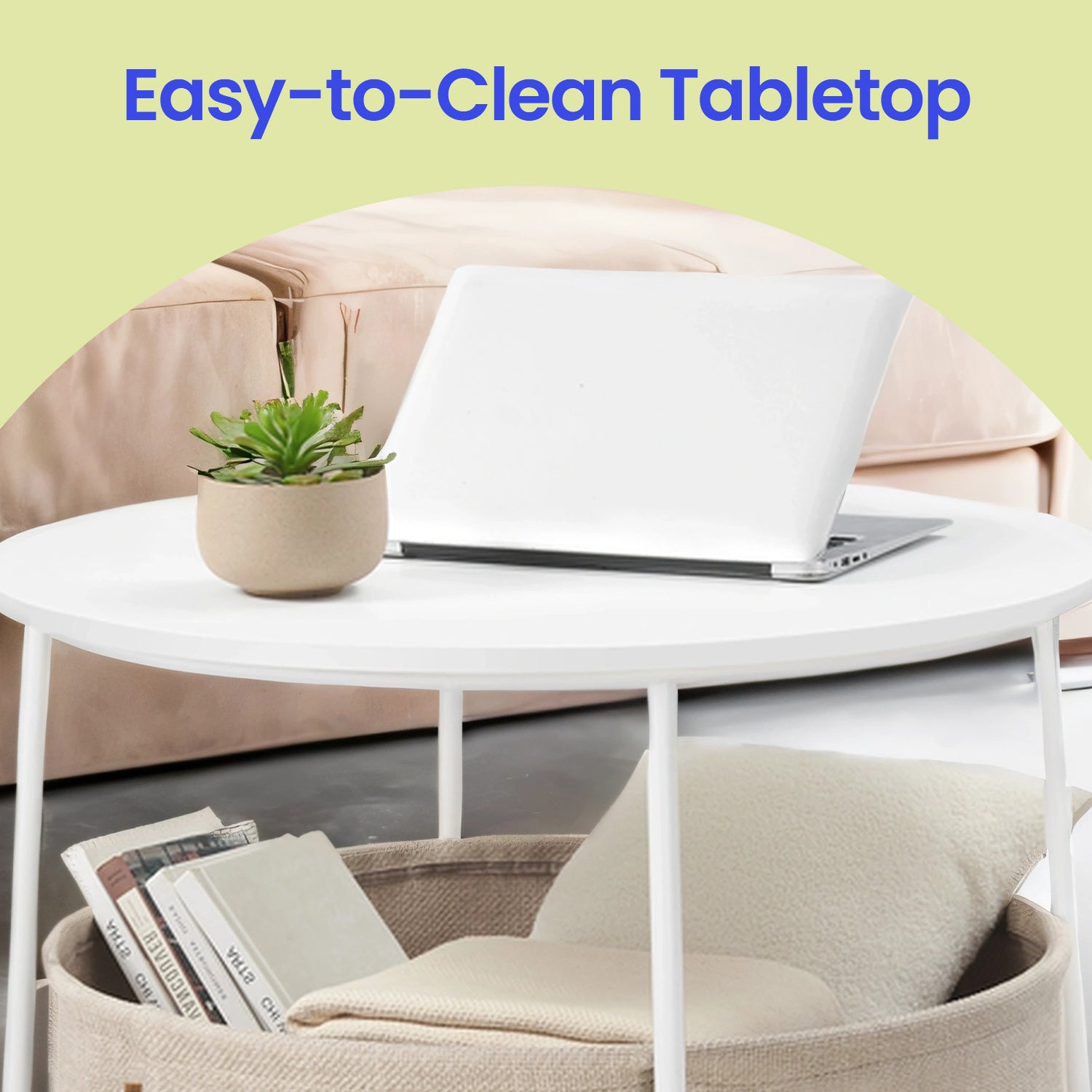 Coffee Table with Storage, Round Center Table with Fabric Basket, Modern Style, White and Brown