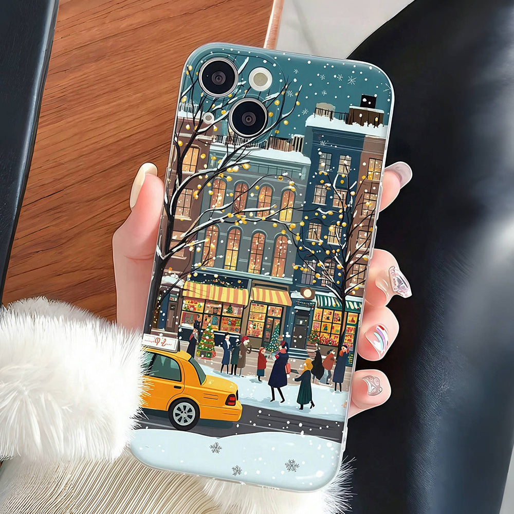 Winter Cityscape Pattern Transparent Space Full Cover TPU Mobile Phone Case Suitable for iPhone16 15 14 13 12 11 promax xr