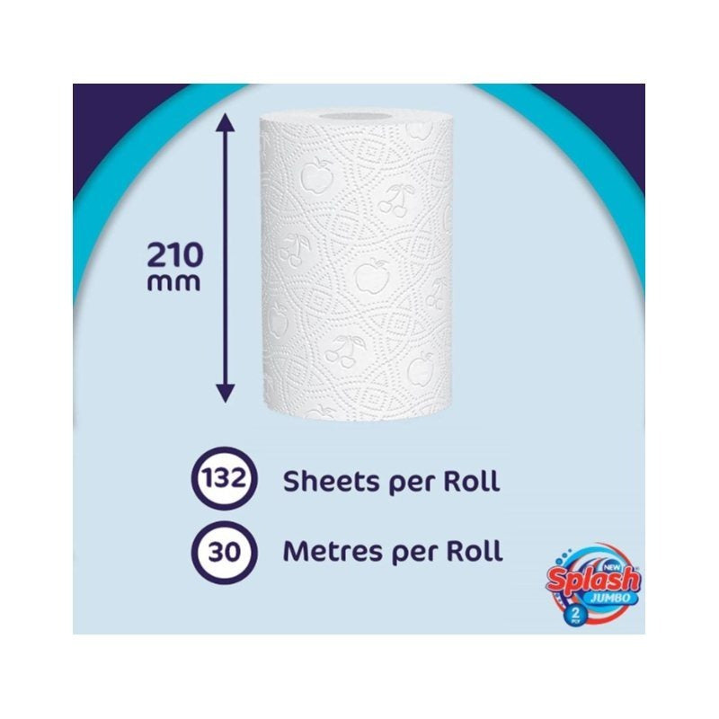 Splash Jumbo 2ply Kitchen Roll, Multipurpose White Towel Paper 12 Rolls Absorbent Strong When Wet All Purpose 132 Sheets per Roll