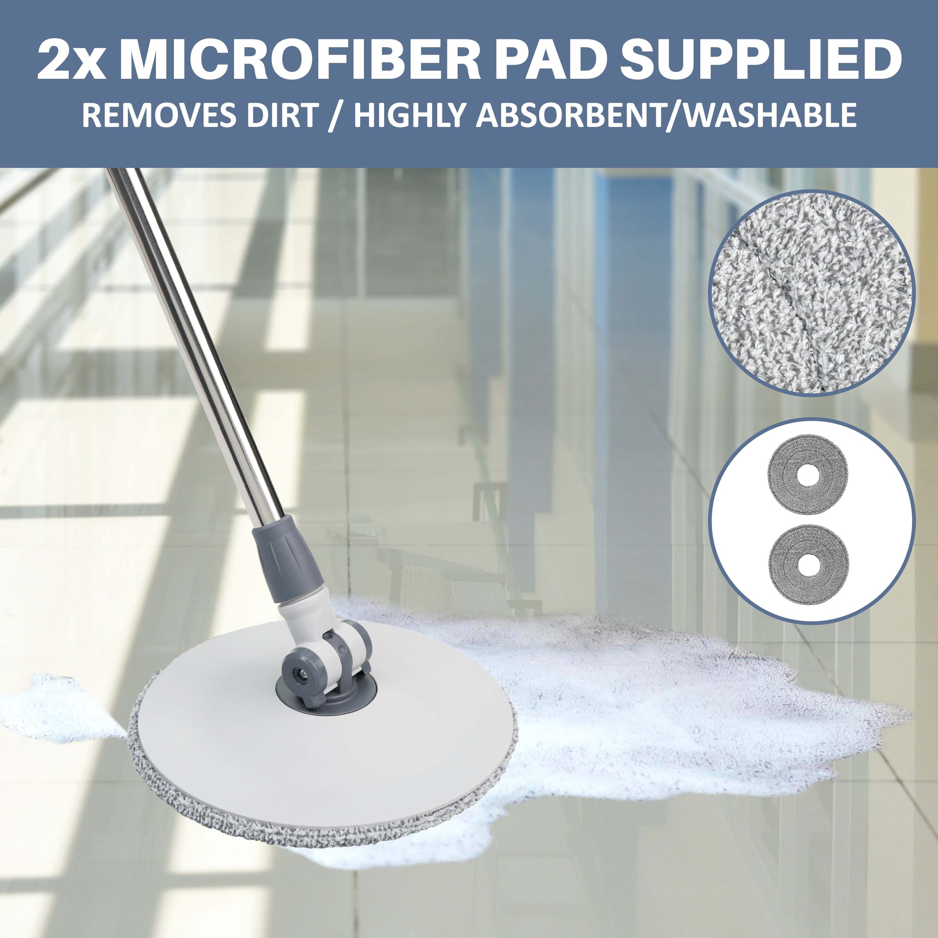 Spin Mop and Bucket Set for Floor Cleaning – Compact Cleaning System with 360° Rotating Head, 2 Refill Microfibre Pads, Squeeze Wringer Washing Dry Mop Set (Round Mop & Bucket with 2 Pads)